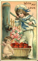 Little Sailor Boy and Cupid Watering a Basket of Hearts Postcard