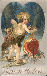 Cupid Wearing Snowshoes in Forest Postcard