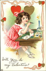 Pink-frocked girl sitting at desk writing cards Postcard