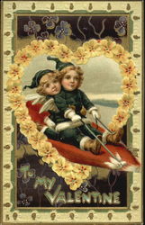 Boy and girl in red sled Postcard