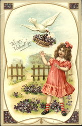 Dove bringing basket of flowers to girl in orange dress Postcard