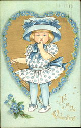 Girl with finger in mouth, blue polka dot dress, blue hat Postcard