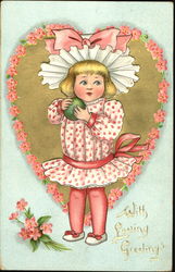 Little girl holding green ball, big white hat with pin ribbon Postcard