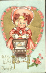 Girl with red dress and big red hat pushing doll in carriage Postcard