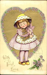 Cartoon of a girl holding a lamb doll Postcard
