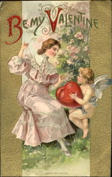 Woman sewing up torn heart for cupid Postcard