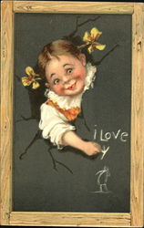 Girl missing front tooth, yellow ribbons, popping out of blackboard Postcard