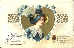 Woman in blue hat cameo-ed in heart Woman in blue hat cameo-ed in heart