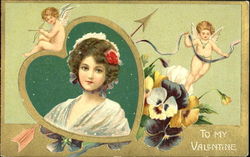 Girl and cupids with flowers and a heart Postcard