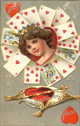 Woman's face in heart, surround by playing cards Woman's face in heart, surround by playing cards