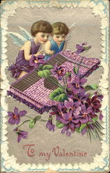 Two Angel Children and Purple Flowers Postcard Postcard