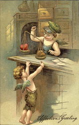 Costumed cherub weighing hearts Cupid Postcard Postcard