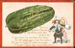 Big green pickle; girl with white muff, boy in pink outfit Children Postcard Postcard