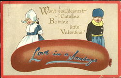 Huge sausage with Duch girl and boy Comic Postcard Postcard