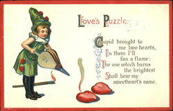 Little girl extinguishing burning heart Postcard