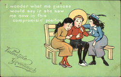 Young man on bench with oriental woman and western woman Comic Postcard Postcard