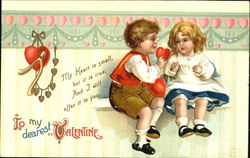 Girl in blue dress and white pinafore, boy in brown shorts & red vest Postcard