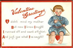 Boy in blue outfit, fishing pole holding red heart Children Postcard Postcard