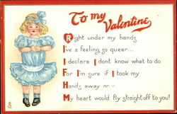 Blond girl in blue dress with hands clasp over heart Postcard