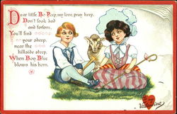 A girl ,a boy and a sheep Children Postcard Postcard