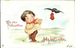 Boy looking startled at black bird carrying mitten Postcard