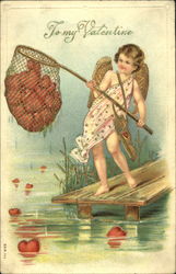 Cupid standing on dock holding stick with net full of hearts Postcard