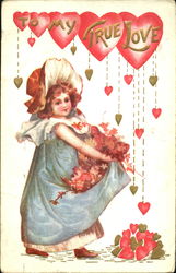 Young girl in blue dress and large hat, carrying flowers Postcard