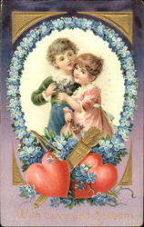 Boy and Girl Surrounded by Blue Flowers Postcard