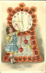 Girl in blue dress next to grandfather clock made of flowers Postcard