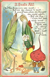 Lady corn crying because father corn is making beet sad Fantasy Postcard Postcard