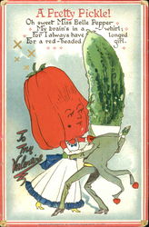 A pickle head man dancing with a bell pepper head girl Fantasy Postcard Postcard