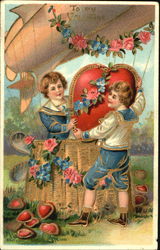 Two boys getting a heart out of a basket Postcard