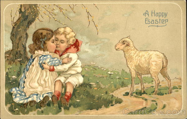 Kissing boy and girl with lamb With Children
