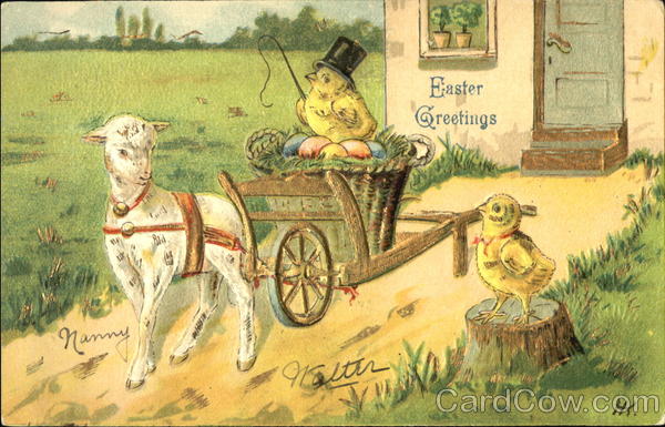 Two Chicks and A Lamb Pulling a Cart of Easter Eggs