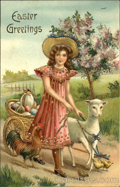 Girl leading a lamb, chicks, rooster and easter egg cart
