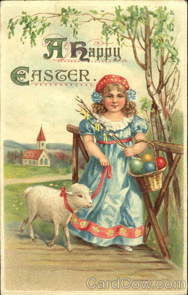 Little Girl holding an Easter Basket and Leading a Lamb