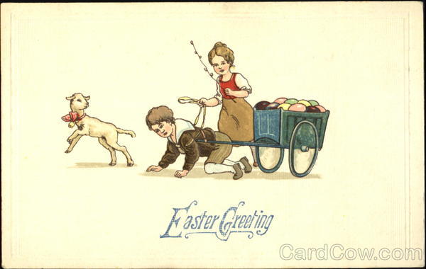 Boy pulling cart of colored eggs, girl holding reins, lamb dancing