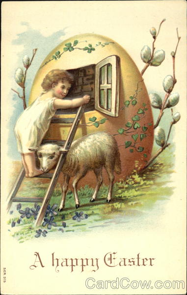 Child climbing ladder into egg, lamb, pussy willows