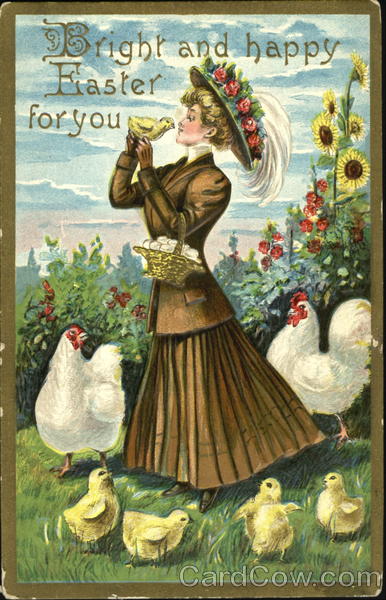 Woman with Egg Basket and Chicks With Chicks