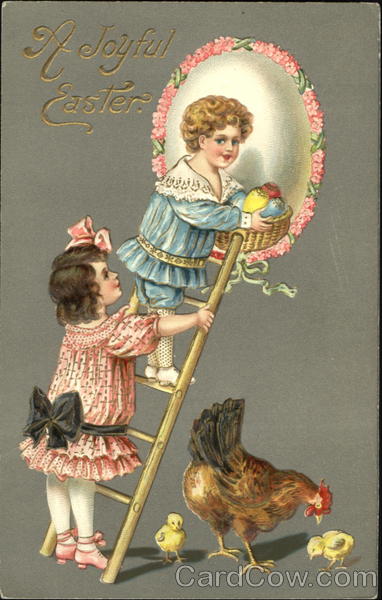 A boy and a gils climbing up a ladder with a basket of eggs & chicks below