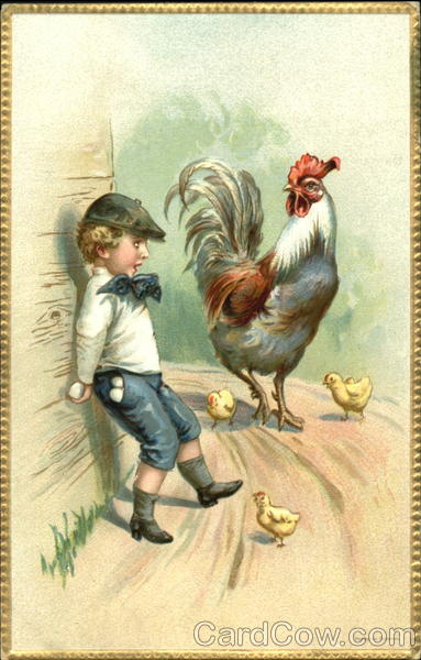 Boy with stolen eggs hiding from rooster With Children