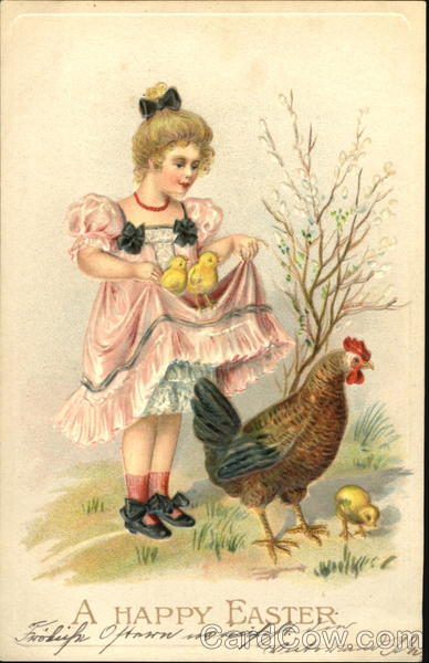 Girl in pretty pink dress holding chicks With Chicks