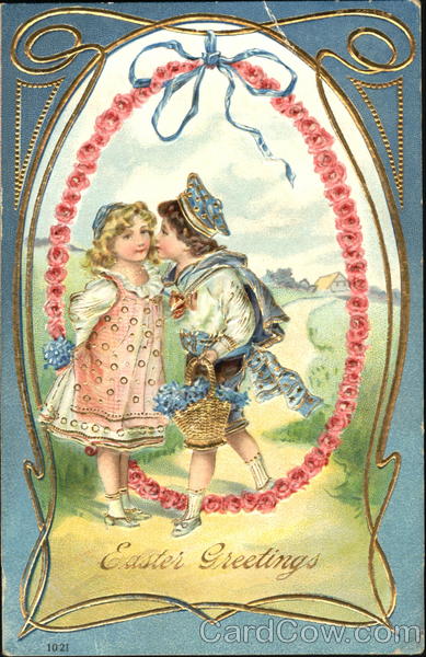 Boy holding flowers and kissing girl With Children