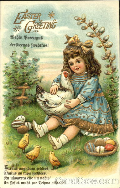 Girl in Blue Dress with Chickens and Eggs With Chicks