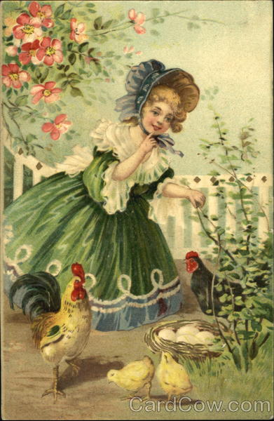Little Girl in Green Dress and Chickens With Children