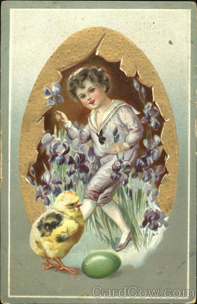 Boy stepping out of egg, green egg, chick With Children