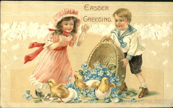 Young girl and boy with basket of flowers and hatching chicks