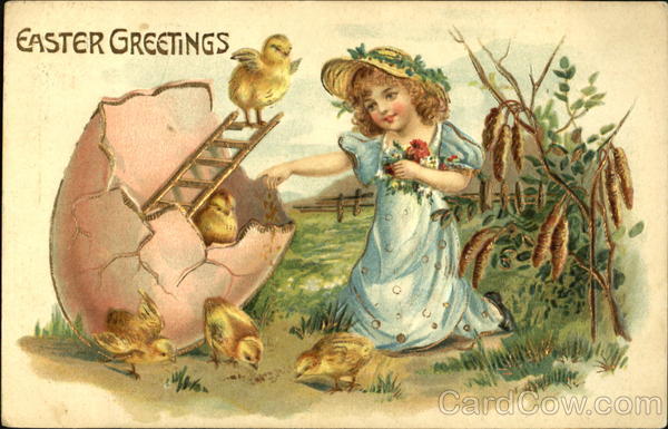 Girl next to opened egg, one chick on ladder, 4 other chicks