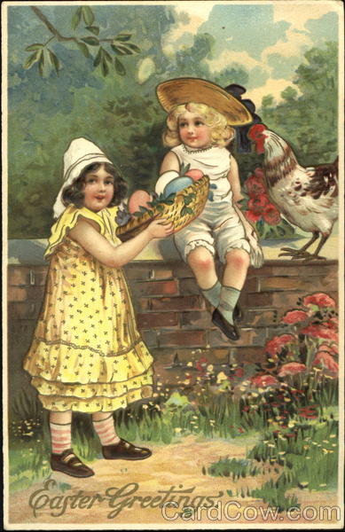 A girl offering another girl a egg out of her basket