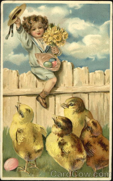 A boy climbs over a fense as 4 chicks watch With Chicks